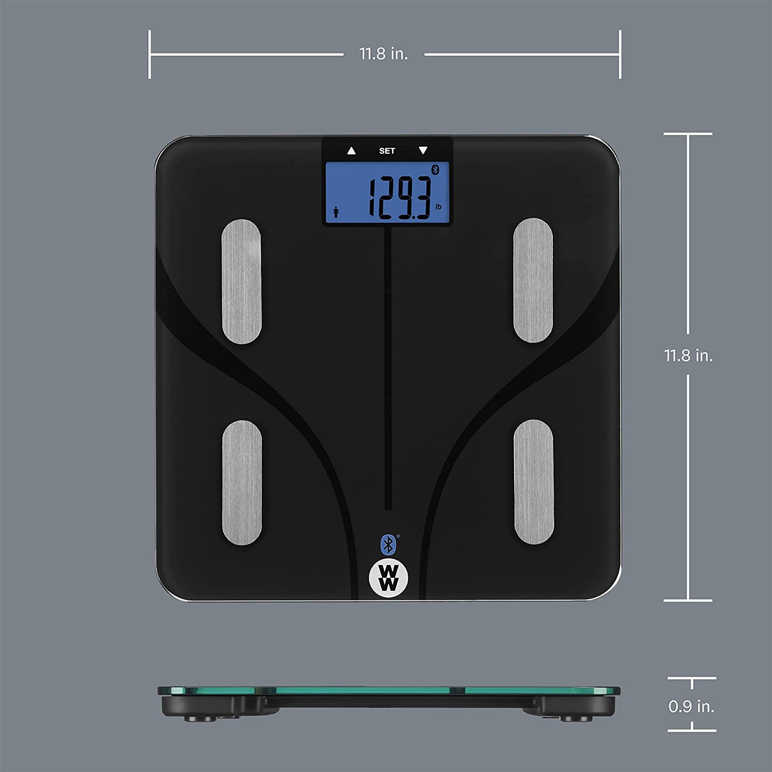 Báscula de baño Weight Watchers de Conair para peso corporal, báscula digital de vidrio, análisis corporal que mide grasa corporal, agua corporal, IMC, masa ósea y músculos para 9 usuarios, mide el peso de hasta 170 Kilos