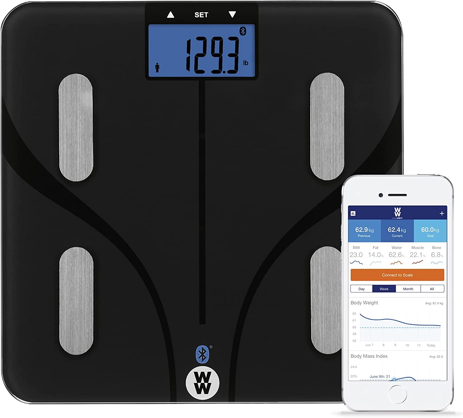 Báscula de baño Weight Watchers de Conair para peso corporal, báscula digital de vidrio, análisis corporal que mide grasa corporal, agua corporal, IMC, masa ósea y músculos para 9 usuarios, mide el peso de hasta 170 Kilos