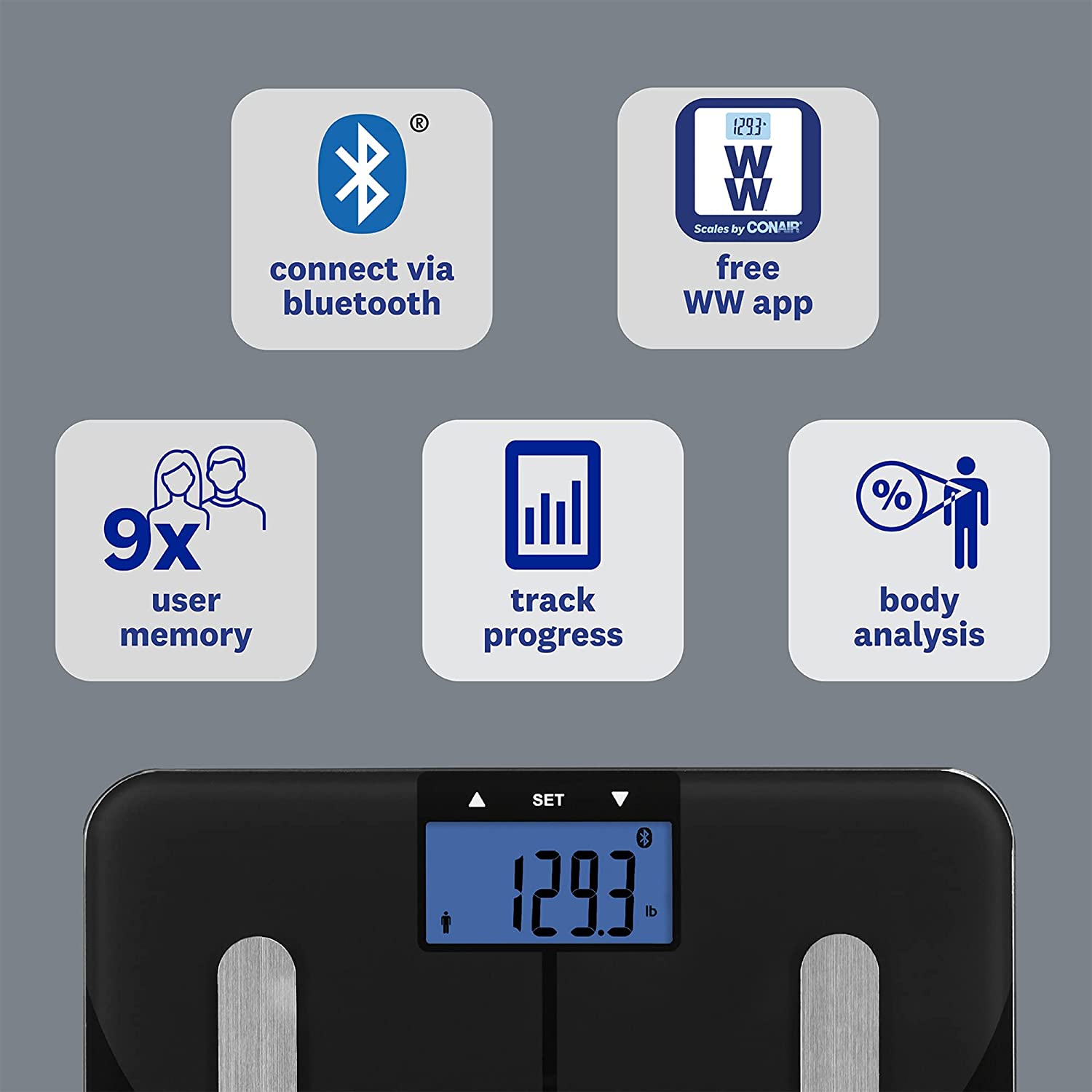 Báscula de baño Weight Watchers de Conair para peso corporal, báscula digital de vidrio, análisis corporal que mide grasa corporal, agua corporal, IMC, masa ósea y músculos para 9 usuarios, mide el peso de hasta 170 Kilos