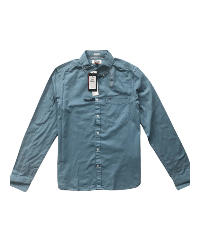 Camisa de mezclilla Tommy Hilfiger para hombre lisa todo algodón calce ajustado manga larga