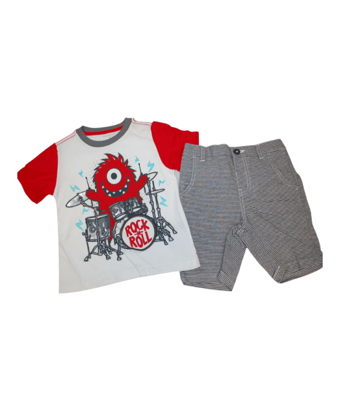 CAMISETA CORTA Niños Pequeños Rock N Roll BATERÍA MONSTRUO Rojo Blanco Gris