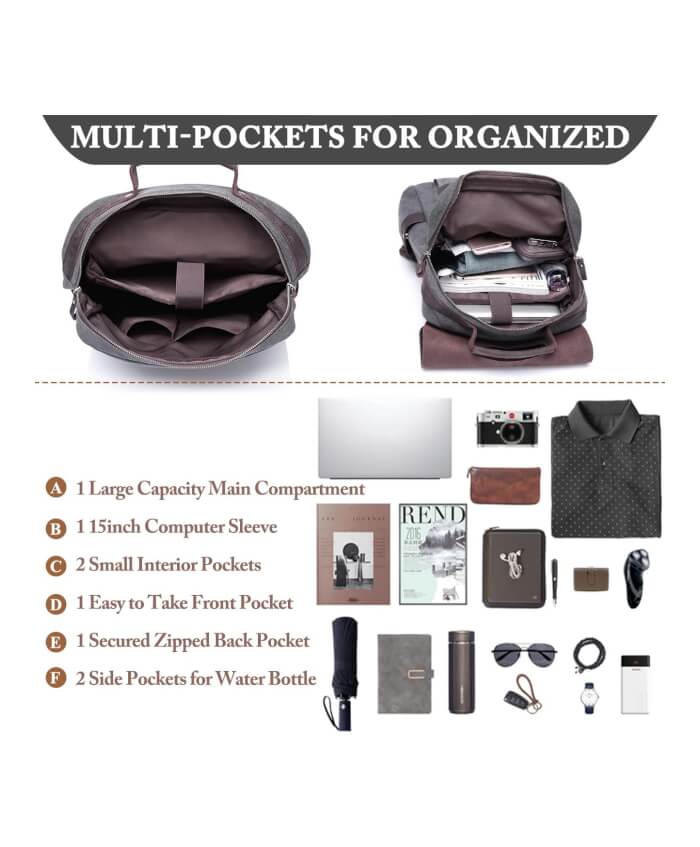 Mochila clásica de lona y cuero para Campus, libros, recreación al aire, acepta computadora portátil de 15