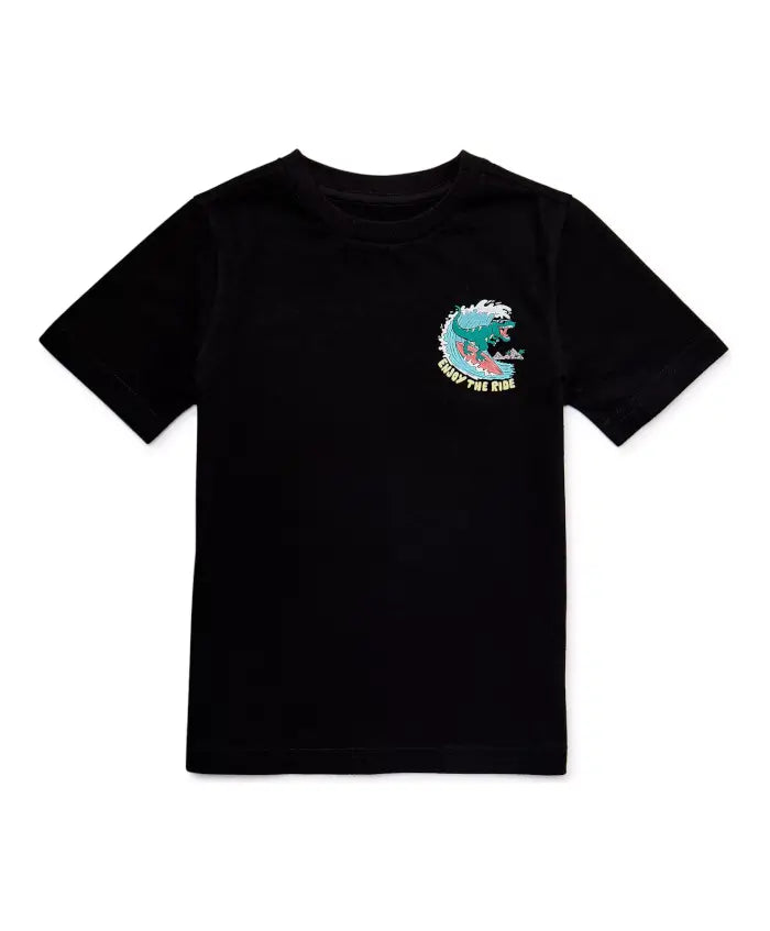 Camiseta gráfica de manga corta para niños, con diseño en la parte delantera y trasera.