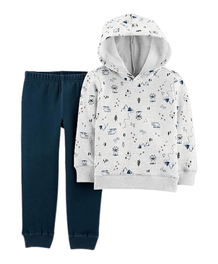 Carter's Conjunto de sudadera con capucha y pantalones deportivos de vellón para niños pequeños, color gris/azul marino, Azul Marino