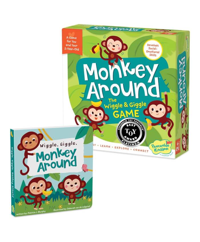 Peaceable Kingdom Juego de libro de mesa y juego de Monkey Around - Incluye libro de mesa de 24 páginas y juego para niños pequeños de 2 años en adelante, aprendizaje temprano para fomentar el movimiento y las habilidades motoras gruesas