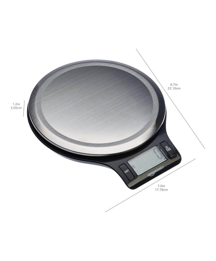 Amazon Basics Báscula digital de cocina con pantalla LCD, baterías incluidas, pesa hasta 11 libras, negro y acero inoxidable