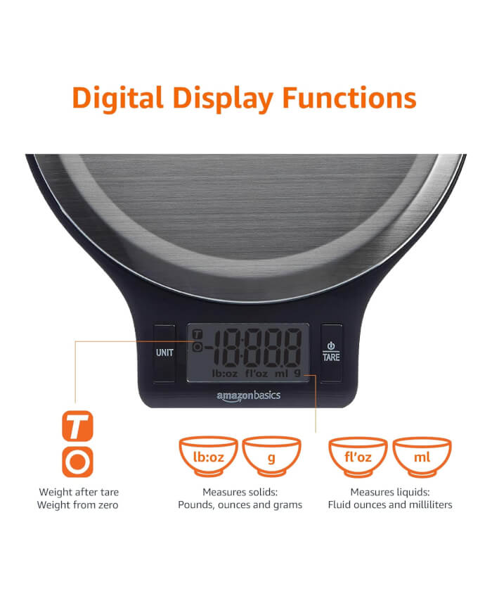 Amazon Basics Báscula digital de cocina con pantalla LCD, baterías incluidas, pesa hasta 11 libras, negro y acero inoxidable